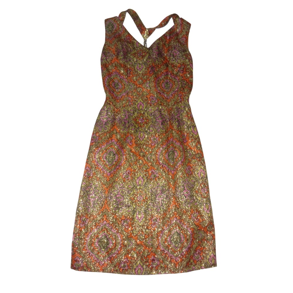 Vintage 60s Orange Pink Gold Metallic Paisley Brocade Sheath Dress Mod